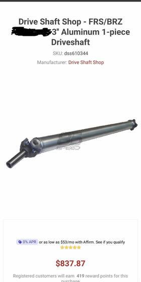 Tosh86-a Driveshaft Shop Aluminum For Subaru Brz Scion Frs Toyota 86