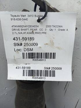 431-59189 Toyota 99 00 Tacoma Prerunner Rear Drive Shaft 2wd Standard Cab