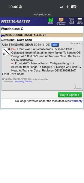 Usa Standard Gear Zds9151oe Used Front Driveshaft For 2005 Dodge Dakota 4wd Auto 5 Speed Trans