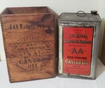 Antique Baker Castor Oil Can With Advertising Wood Finger Joints Box. Fixed Price $150.00.